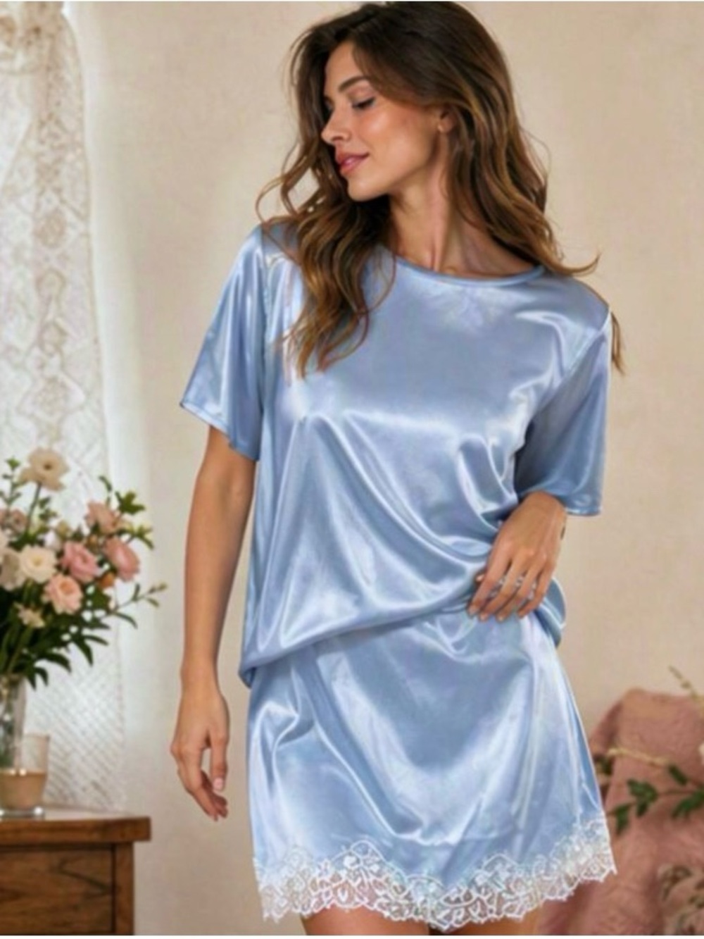 🌷 Sky Blue Satin 2 Pc Set Short Sleeve Top & Skirt w/ Lace Hem 🌷 NWOT